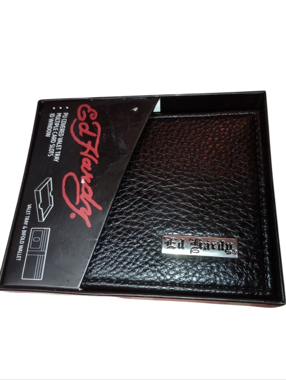 Ed Hardy Black Bifold Wallet with Rose Skull Artwork Gift Box, NWT